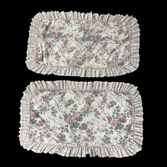 Vintage King Size Pillowcases Croscil Floral Ruffles Lace 1980s USA Pink Cream - Picture 2 of 9